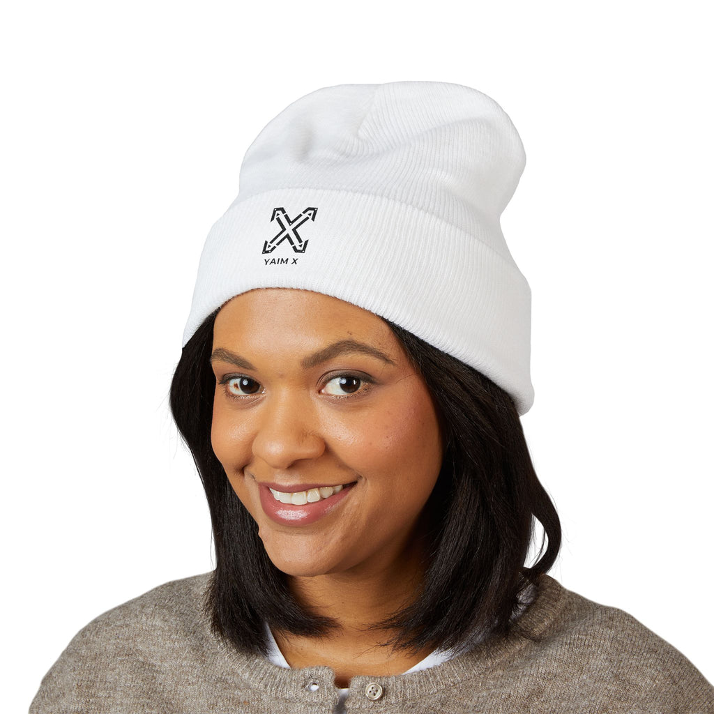 Embroidered Cuffed Beanie — Minimal X Logo Knit Hat