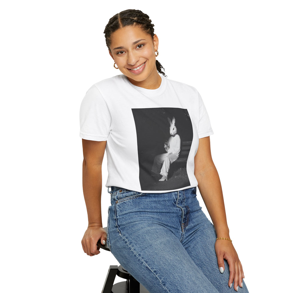 Rabbit Mask Photo Tee — Surreal Vintage-Style Graphic T-Shirt